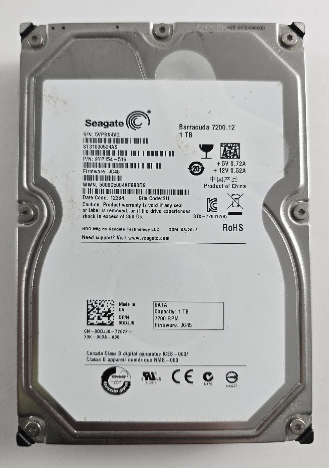 Seagate Barracuda 7200.12 1TB ST31000524AS 3,5" SATA HDD #HD117