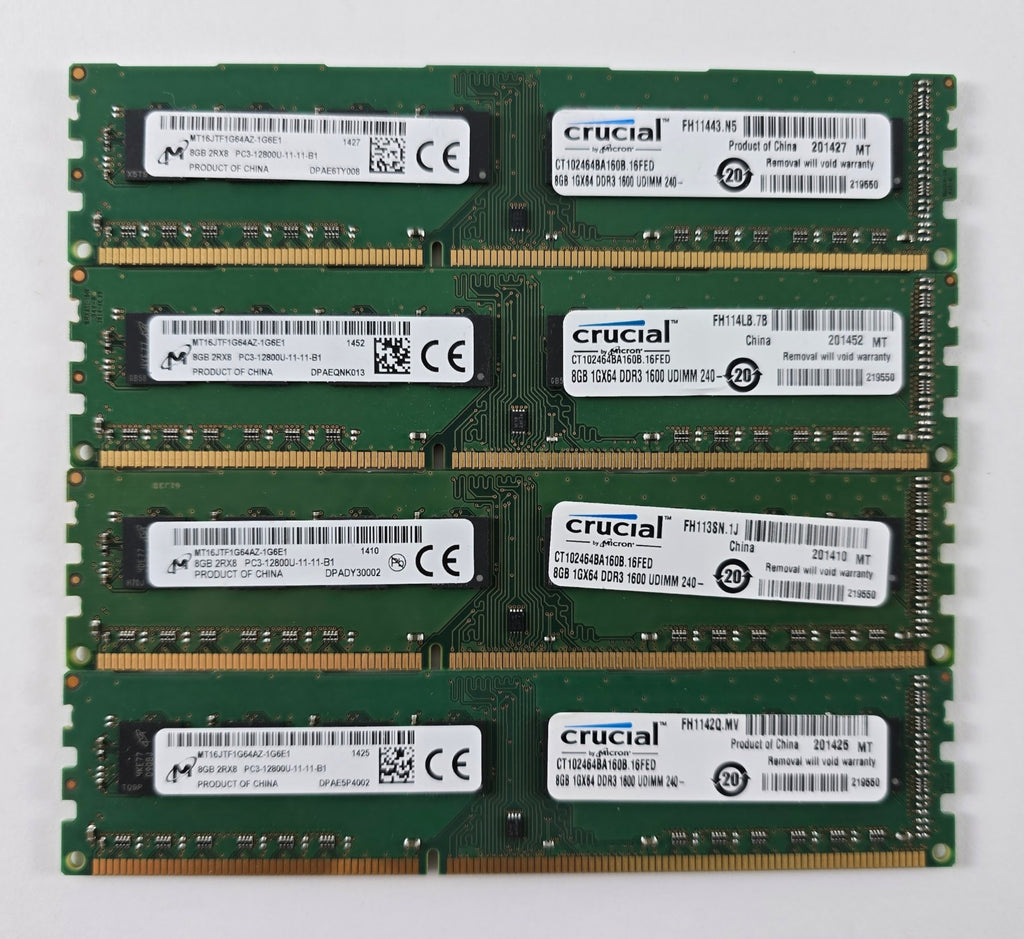 32GB (4x8GB) 1600MHz DDR3 Crucial Micron RAM 240pin 2Rx8 PC3-12800U