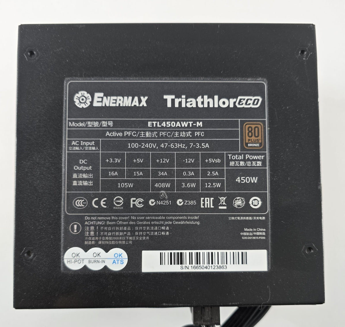 Enermax Triathlor ECO Power Supply Netzteil 450W ETL450AWT-M Fehlende Kabel