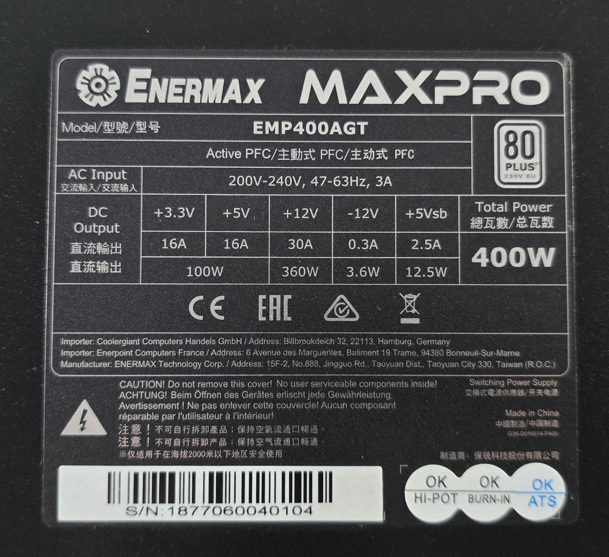 Enermax MaxPro 400W EMP400AGT 80 PLUS ATX Netzteil 2x 6+2 PCIe #NT51
