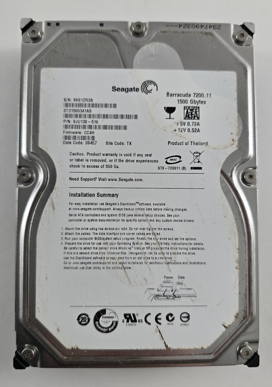 Seagate Barracuda 7200.11 1,5TB ST31500341AS 3,5" SATA HDD #HD120